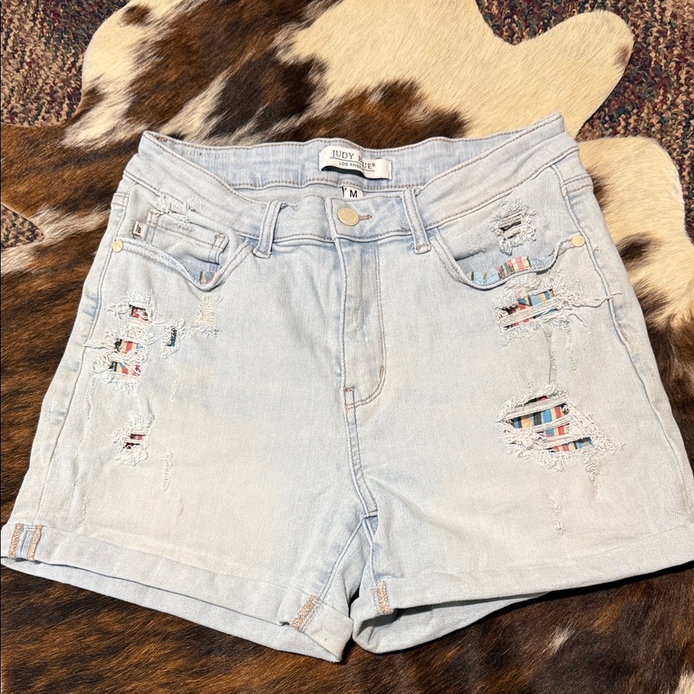 Judy Blue Light Blue Distressed Denim Shorts with Colorful Pocket Accents